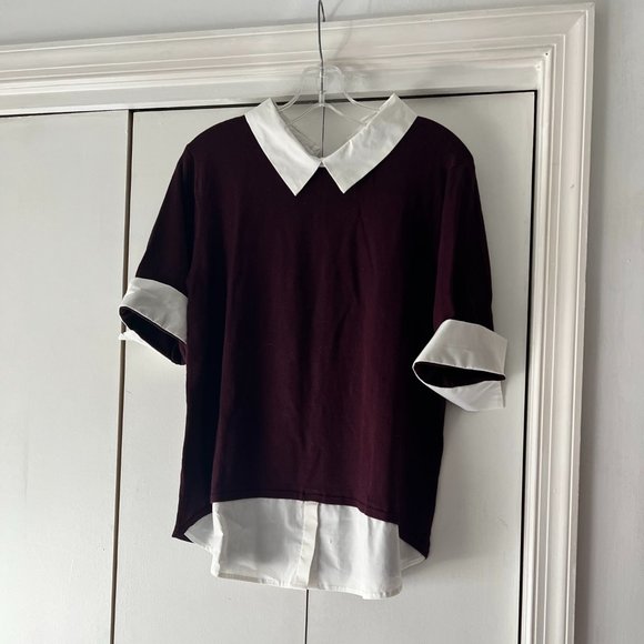 NWOT! New York & Co Burgundy and White Collared 2-Fer Sweater w/Shirt - Medium - Picture 1 of 6